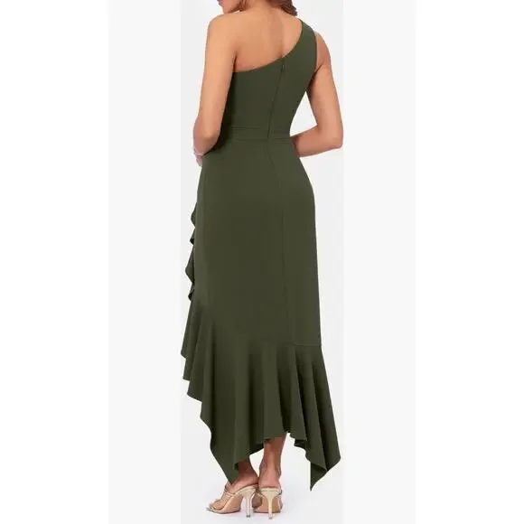 XScape One Shoulder Asymmetrical Hem Green Gown - Picture 2 of 7